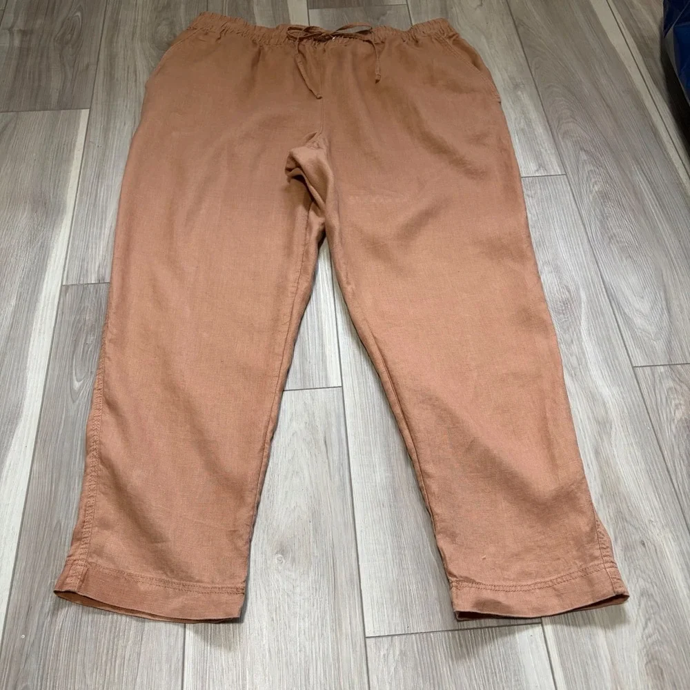 HM Womens XL Terracotta Linen Pull On Drawstring Pants Clay Orange Pockets